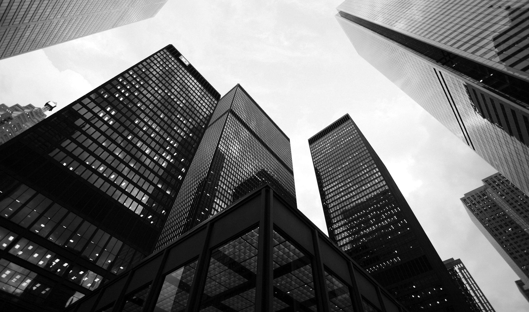 Looking up at glass office towers
