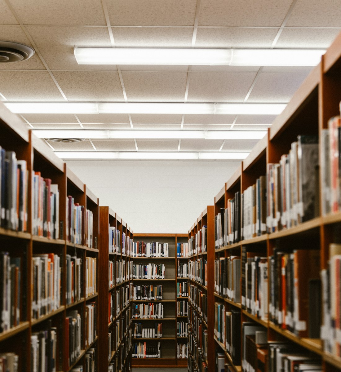 Rows of shelves in the institute library