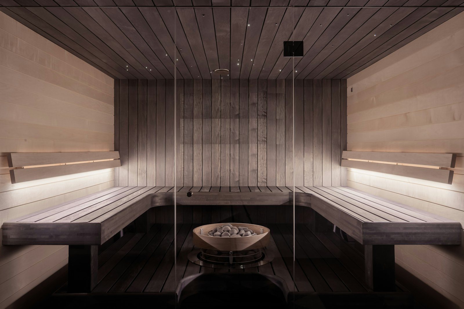 The wood-lined sauna in the recovery suite
