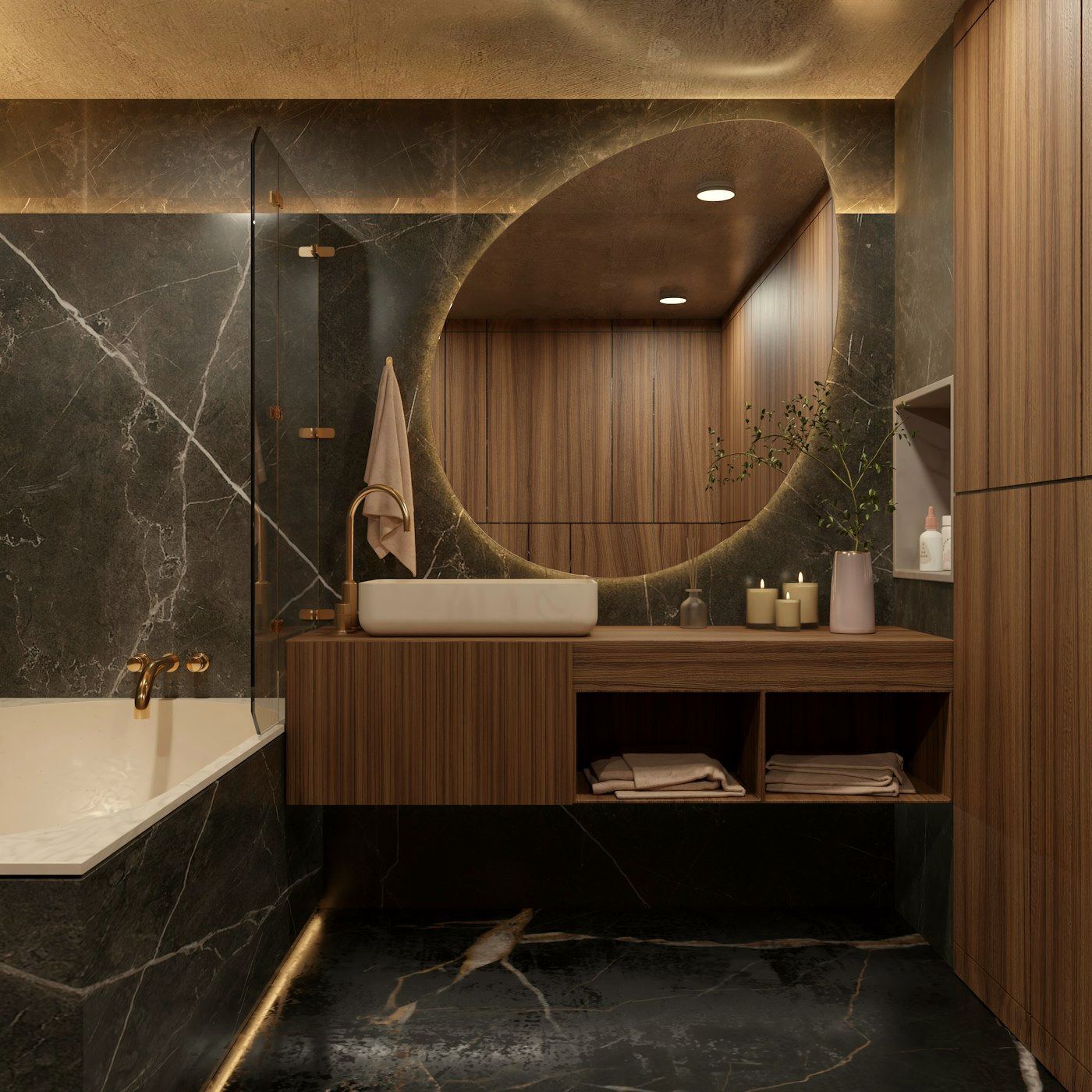 Primary bath in black marble and fluted walnut