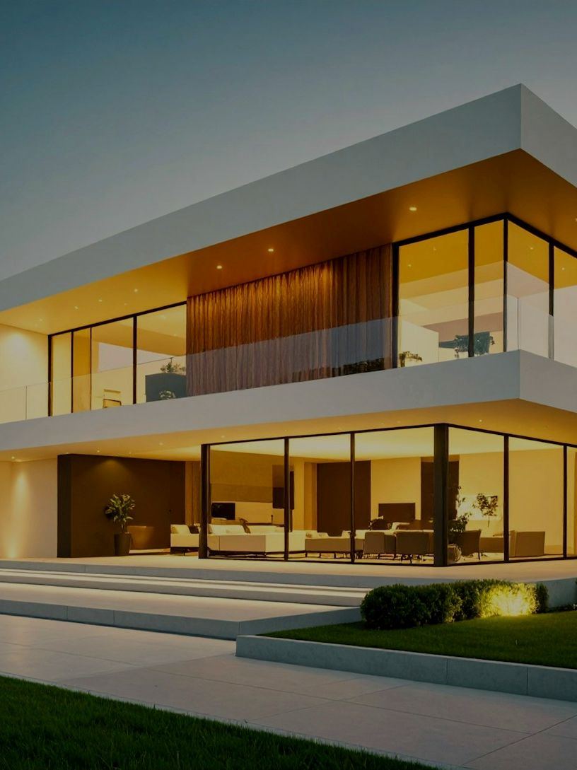 A two-storey modern residence lit from within at dusk