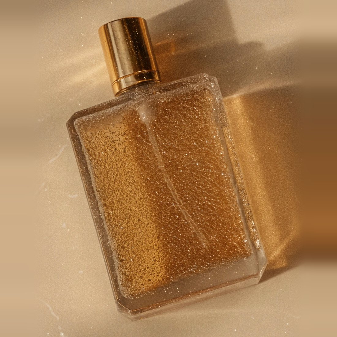 No. 07 Rose Fumée, a rectangular flacon of amber extrait with a gold cap in warm light